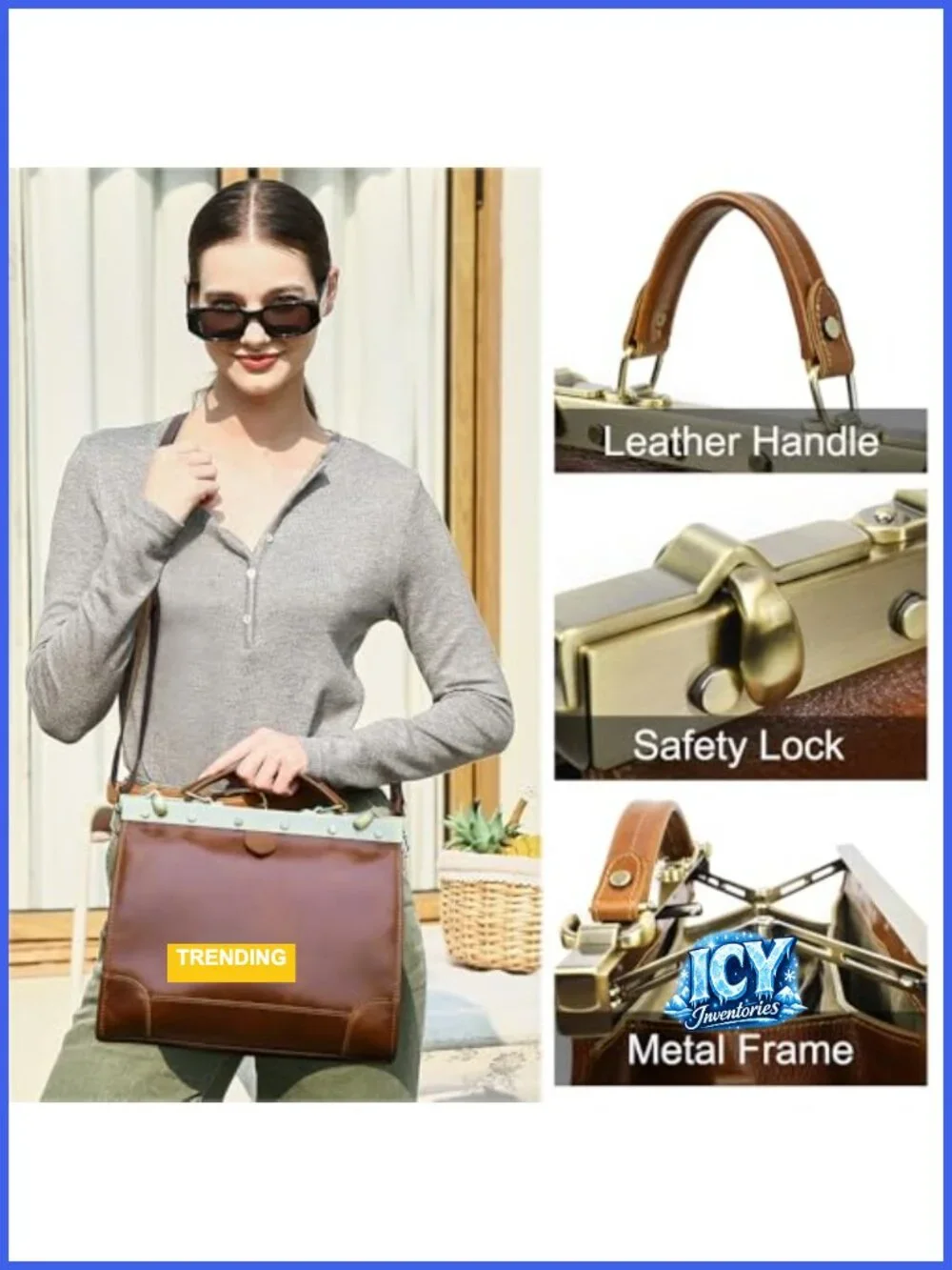 Full Grain Leather Doctor Bag Women Top Handle Vintage Satchel Purse